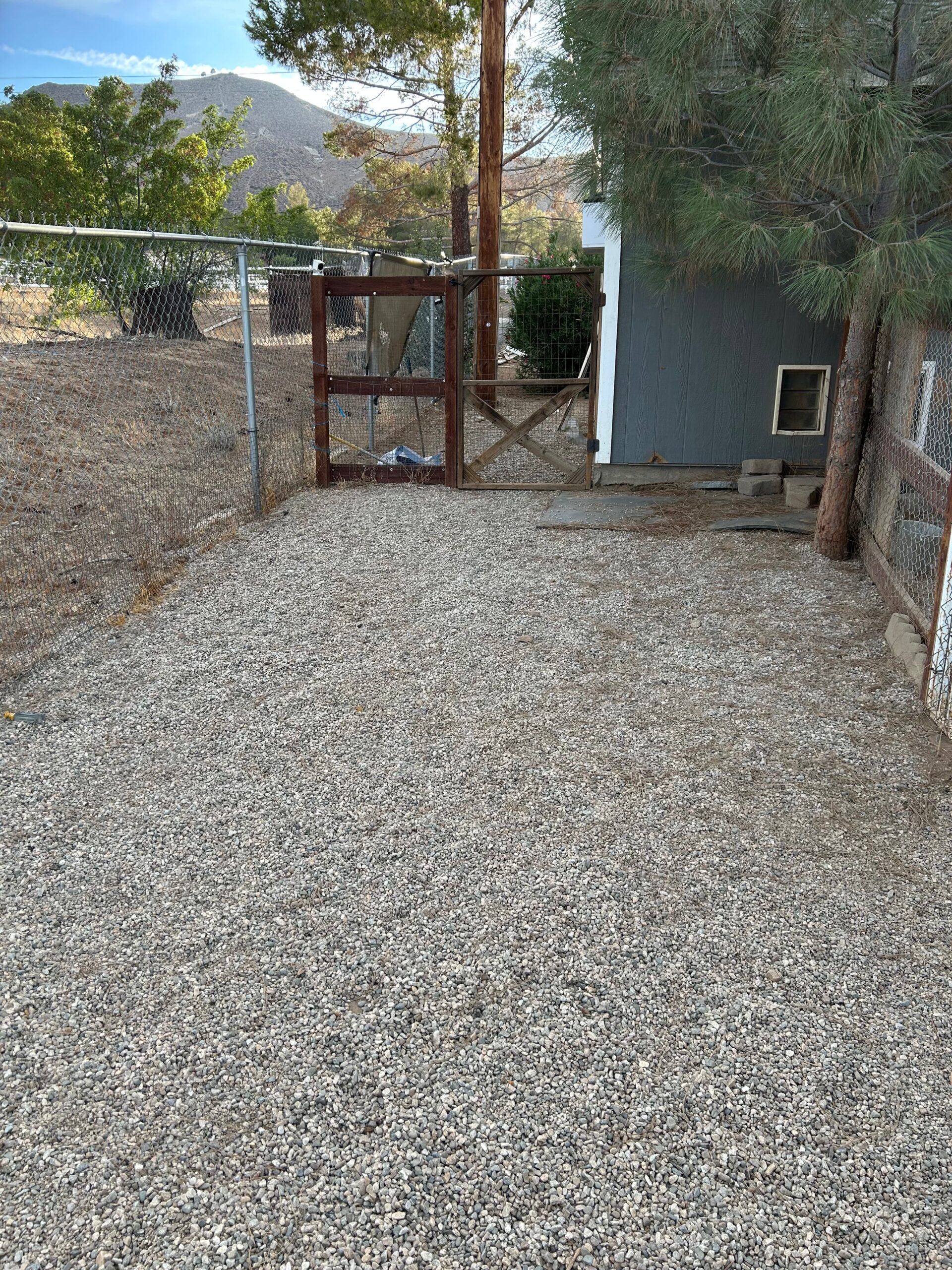 Gravel path leading to a wooden gate, enclosed by a chain-link fence