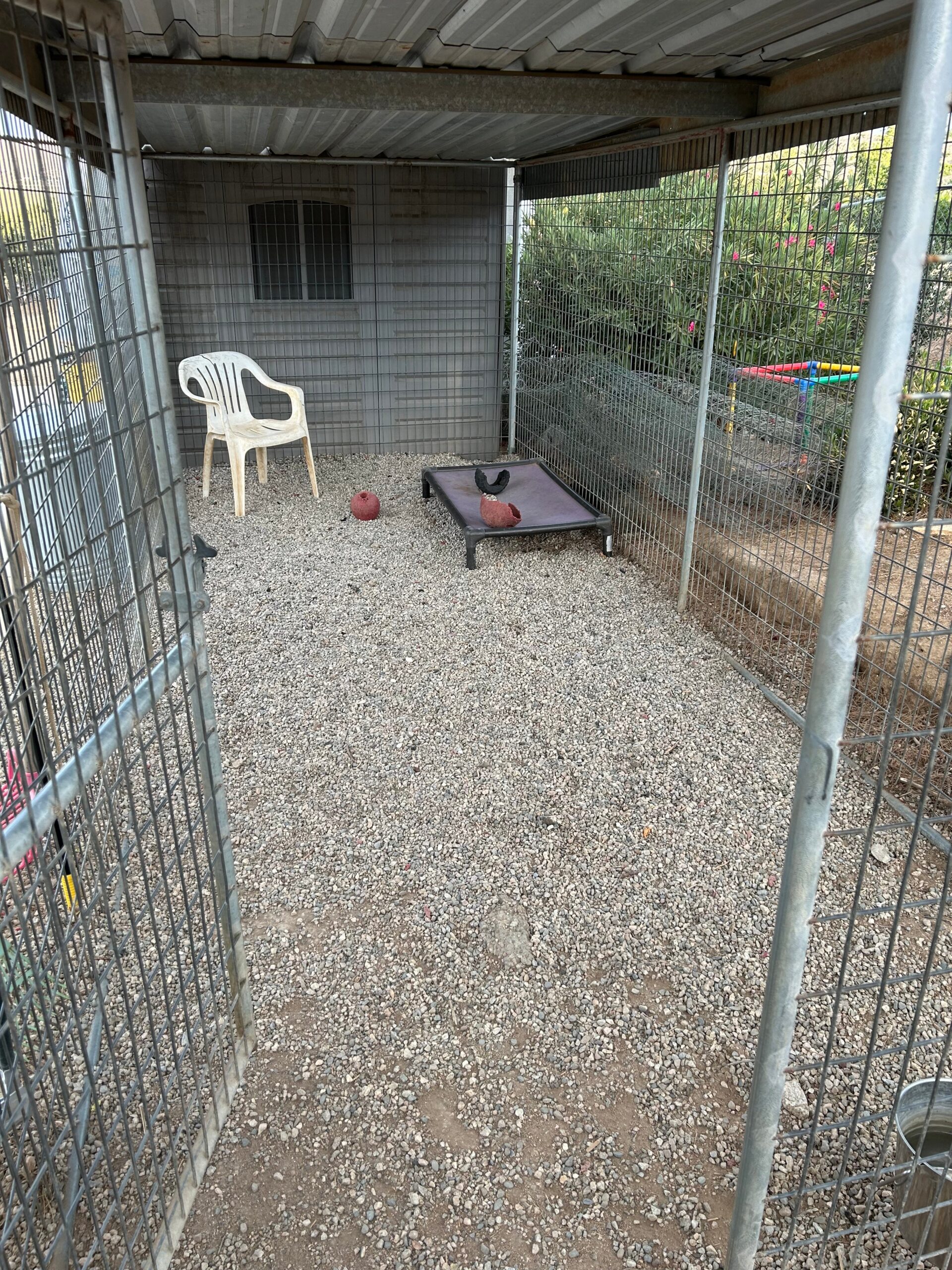 A fenced outdoor kennel featuring a gravel floor
