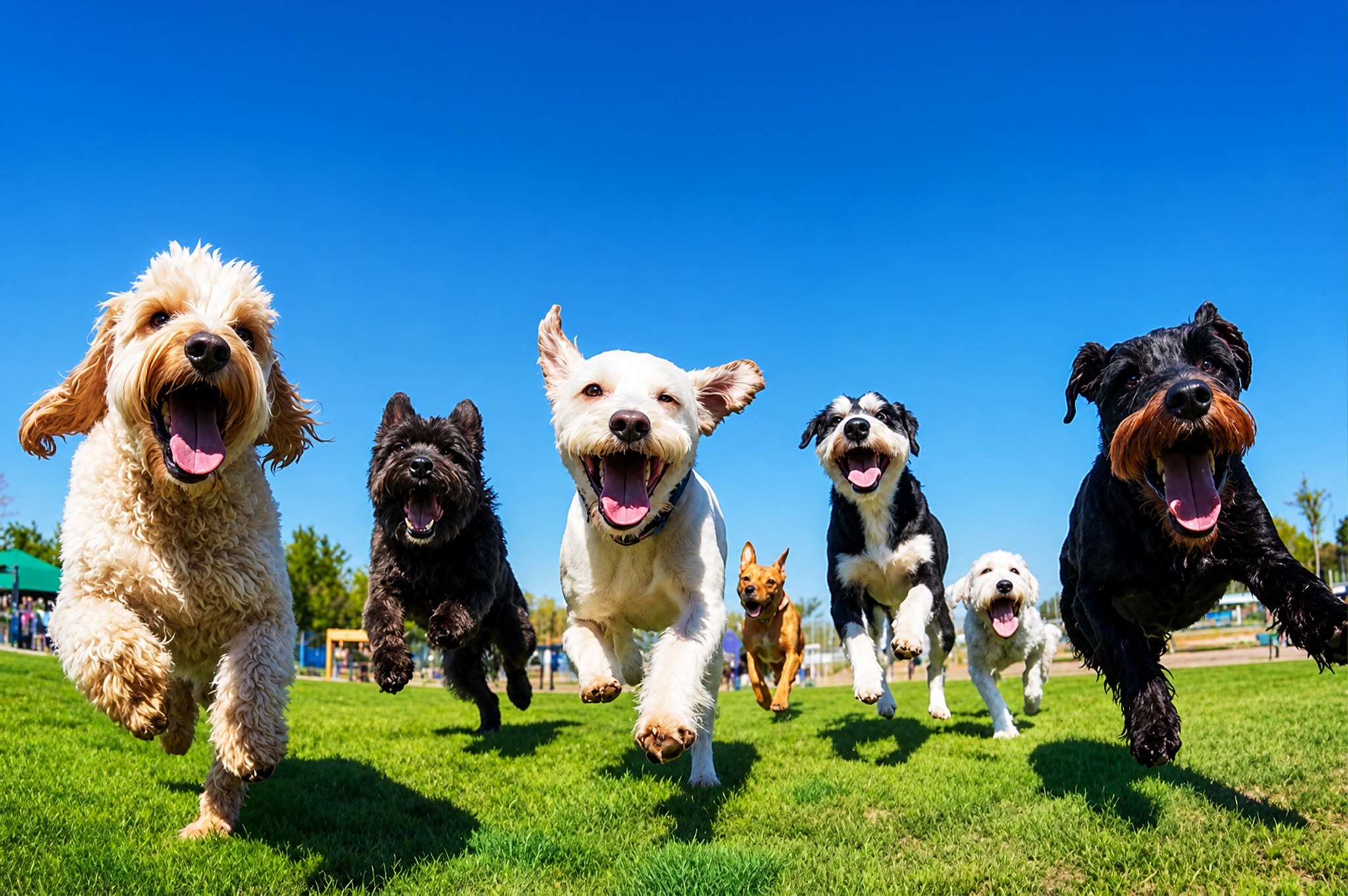 group of dogs joyfully running together